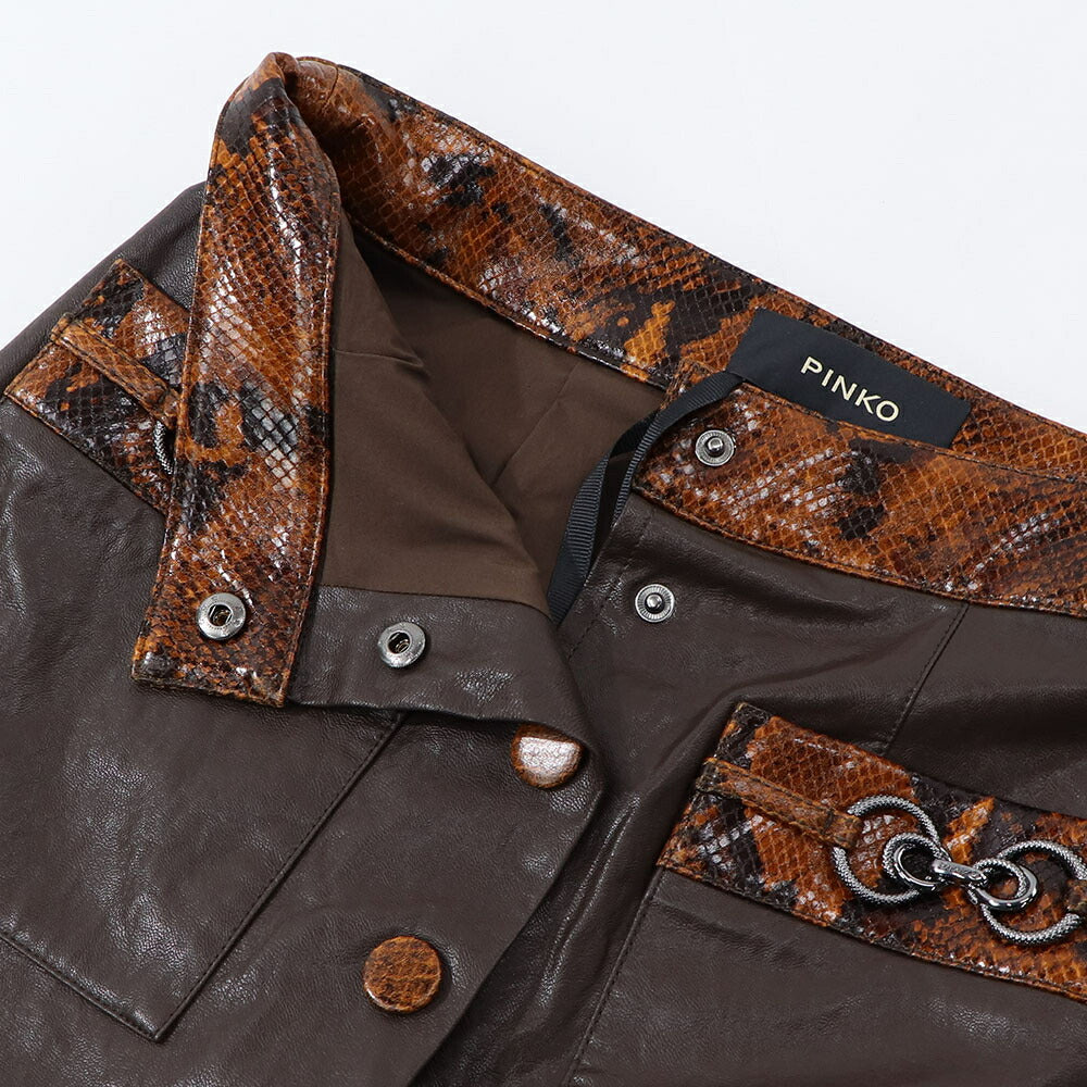 PINKO  ミニスカート   ブラウン レザー風 合皮 ミニミニスカート ヘビ柄 1G1698-Y6W7