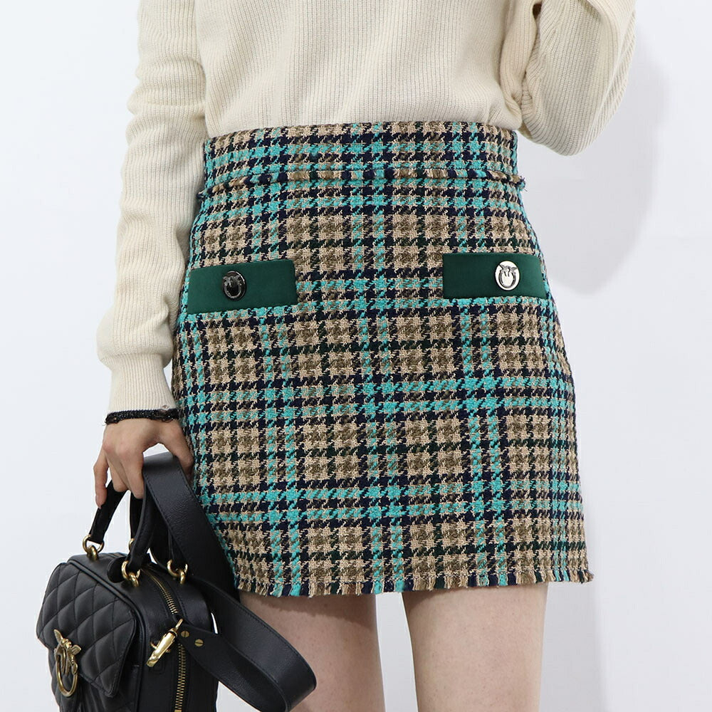 PINKO ブルー×ブラウン チェック柄 ツイード ミニスカート 1G16UW-8572