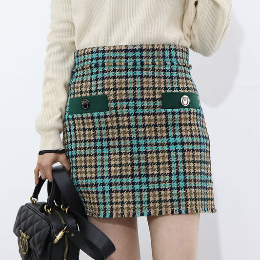 PINKO ブルー×ブラウン チェック柄 ツイード ミニスカート 1G16UW-8572