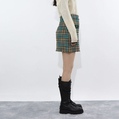PINKO ブルー×ブラウン チェック柄 ツイード ミニスカート 1G16UW-8572