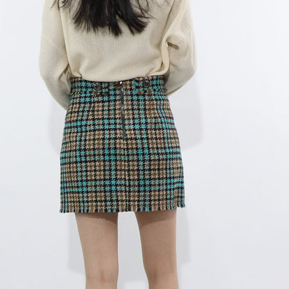 PINKO ブルー×ブラウン チェック柄 ツイード ミニスカート 1G16UW-8572