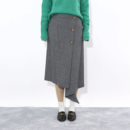 PINKO スカートグレー チェック柄 ゴールドボタン アシンメトリー 1G18B0-A01S