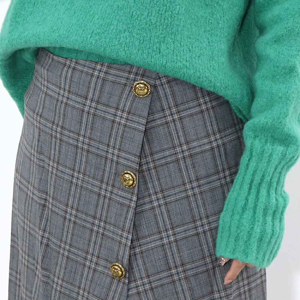 PINKO スカートグレー チェック柄 ゴールドボタン アシンメトリー 1G18B0-A01S