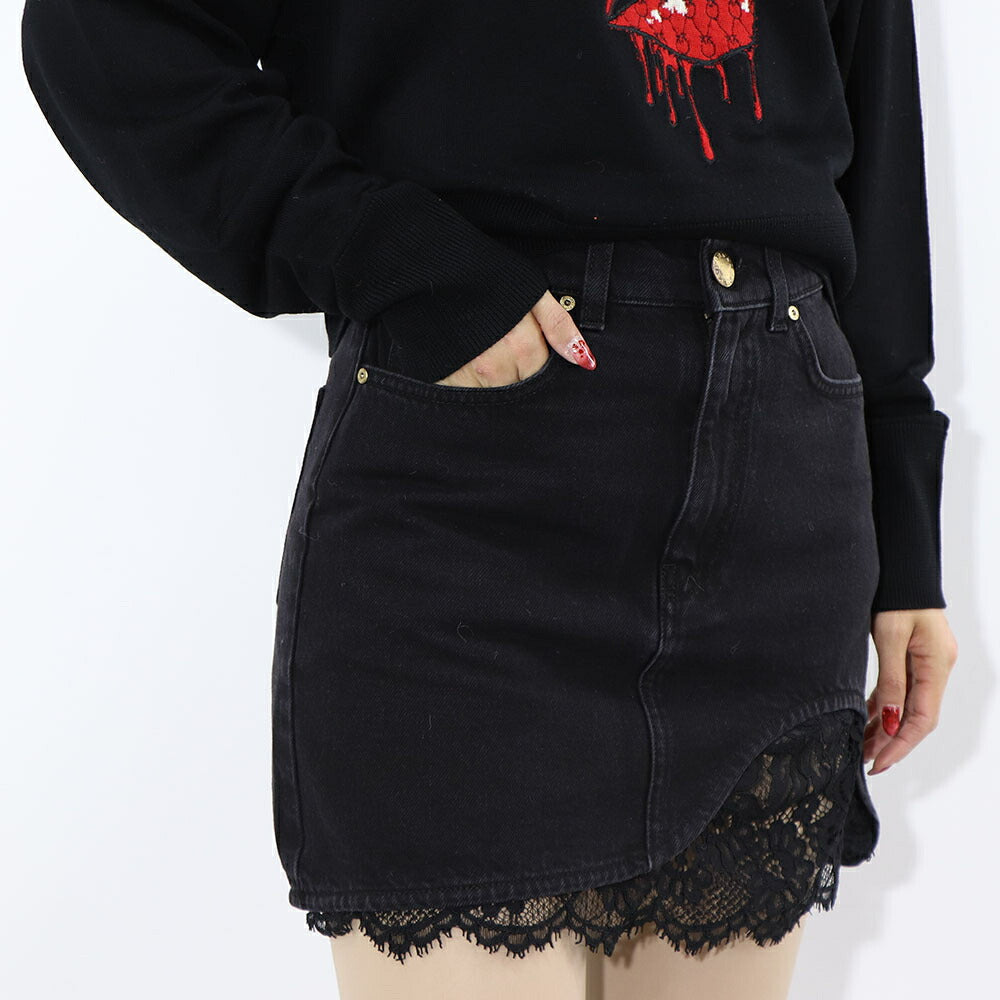 PINKO ブラック デニムスカート ミニスカート レース 1J112T-A0CO