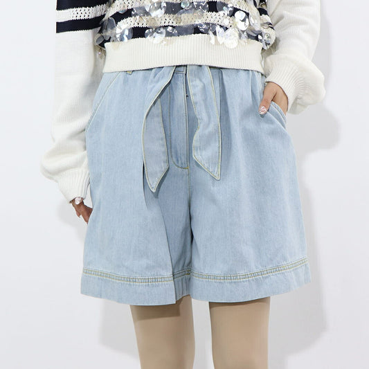 PINKO ブルー デニムショートパンツ リボン 100701-A0MM