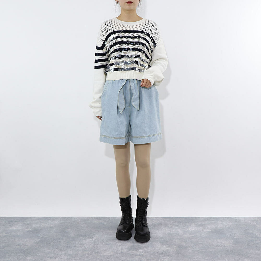 PINKO ブルー デニムショートパンツ リボン 100701-A0MM