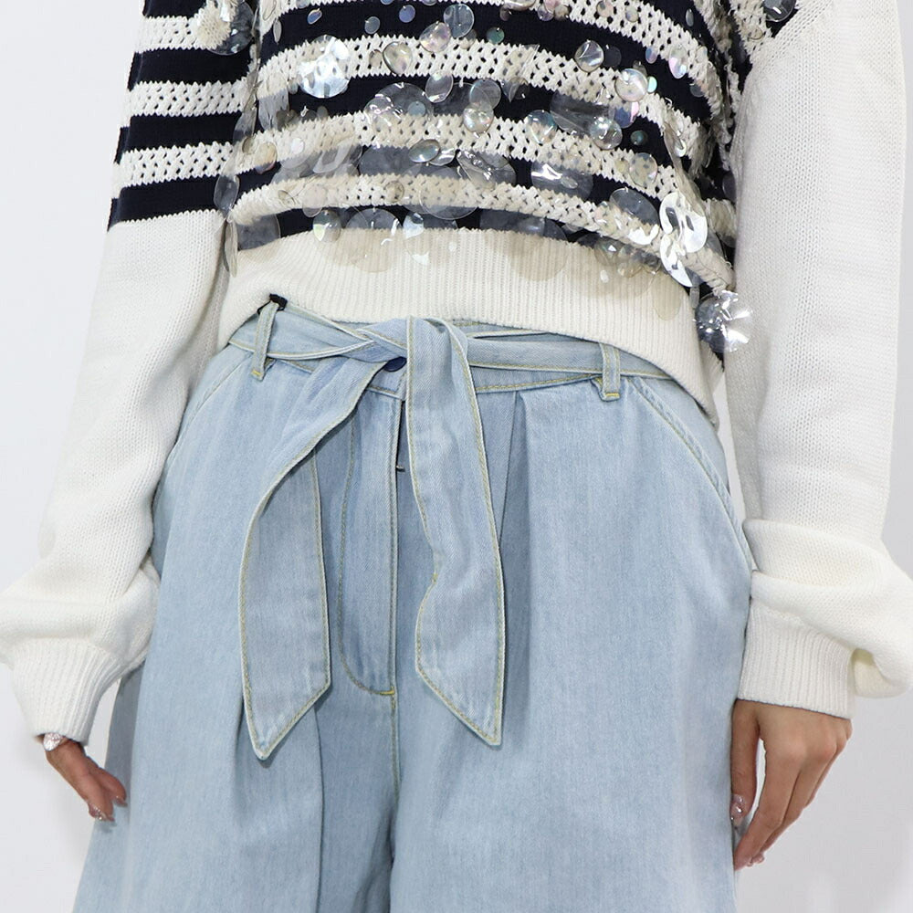 PINKO ブルー デニムショートパンツ リボン 100701-A0MM