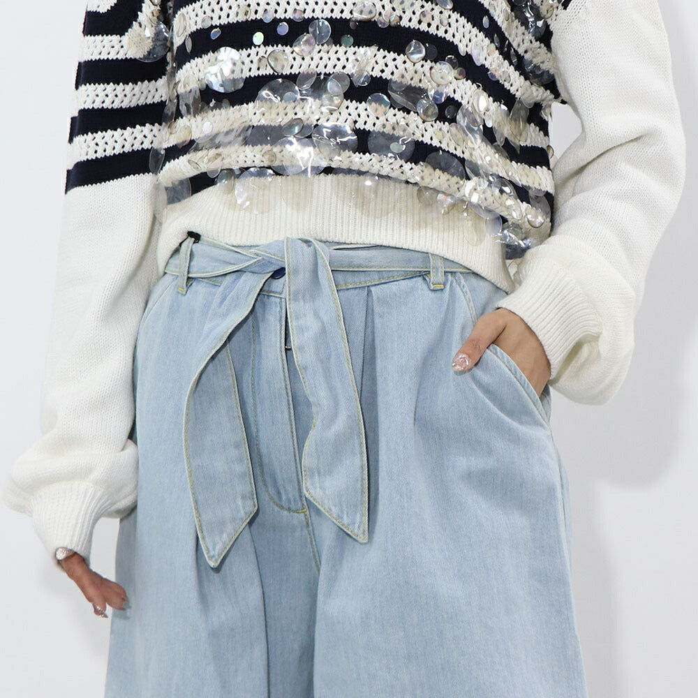 PINKO ブルー デニムショートパンツ リボン 100701-A0MM