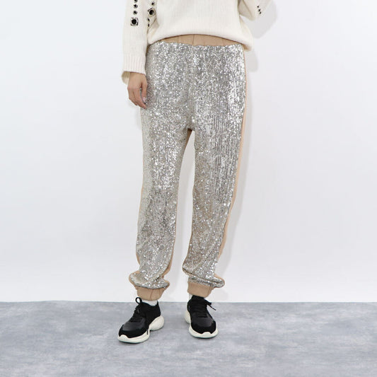 PINKO ロングパンツ ベージュ スパンコール 切り替えデザイン 1C10CR-7968