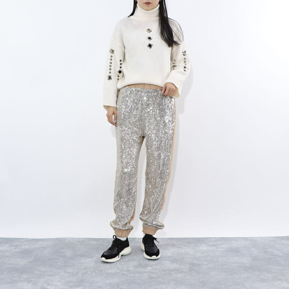 PINKO ロングパンツ ベージュ スパンコール 切り替えデザイン 1C10CR-7968