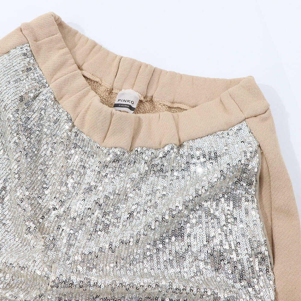 PINKO ロングパンツ ベージュ スパンコール 切り替えデザイン 1C10CR-7968