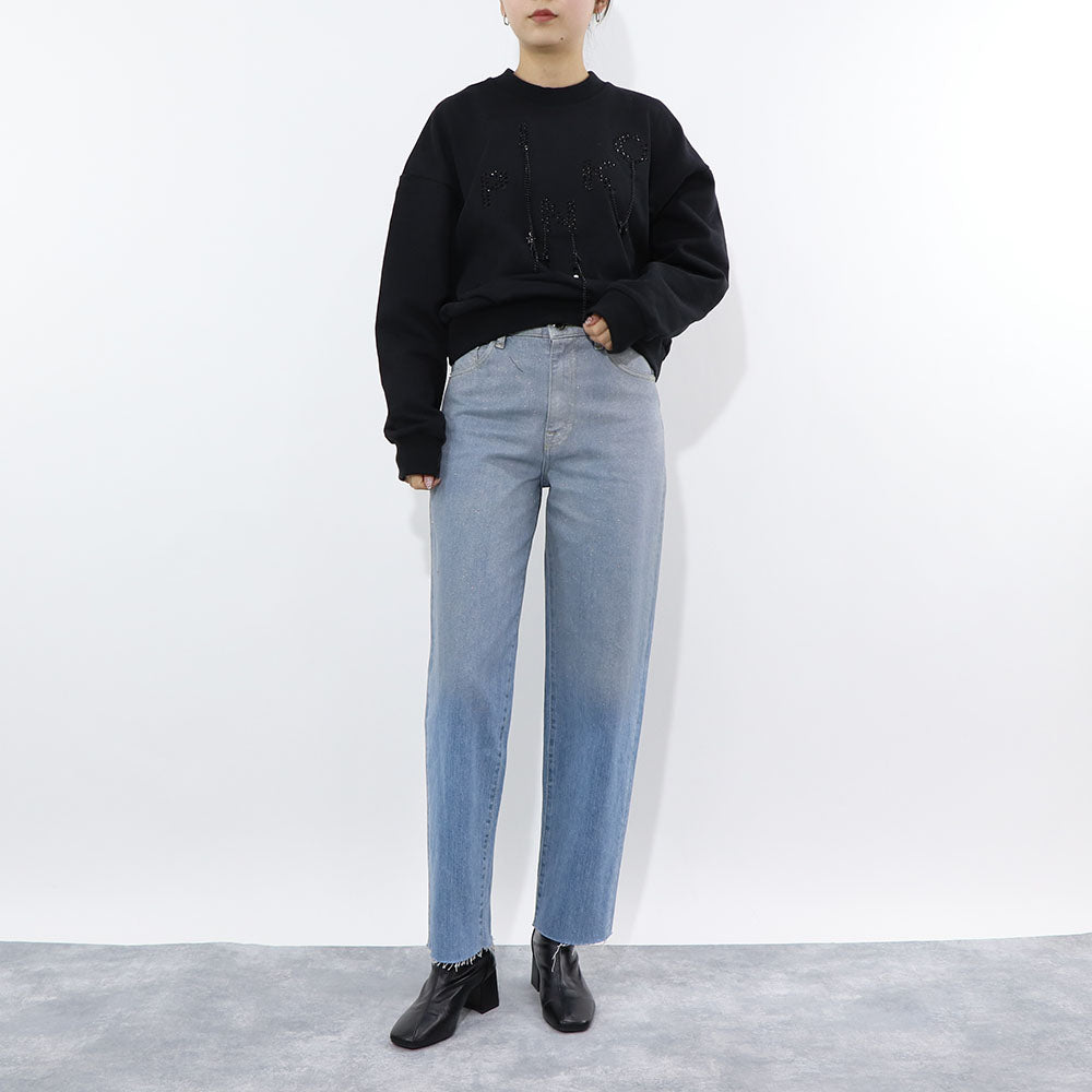 PINKO ロングパンツ ブルー ラメ ストレート 切りっぱなし 1J10DQ-Y5T5