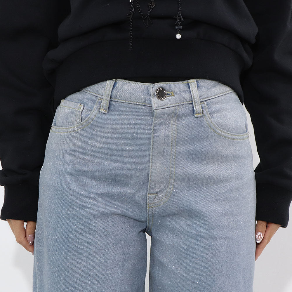 PINKO ロングパンツ ブルー ラメ ストレート 切りっぱなし 1J10DQ-Y5T5