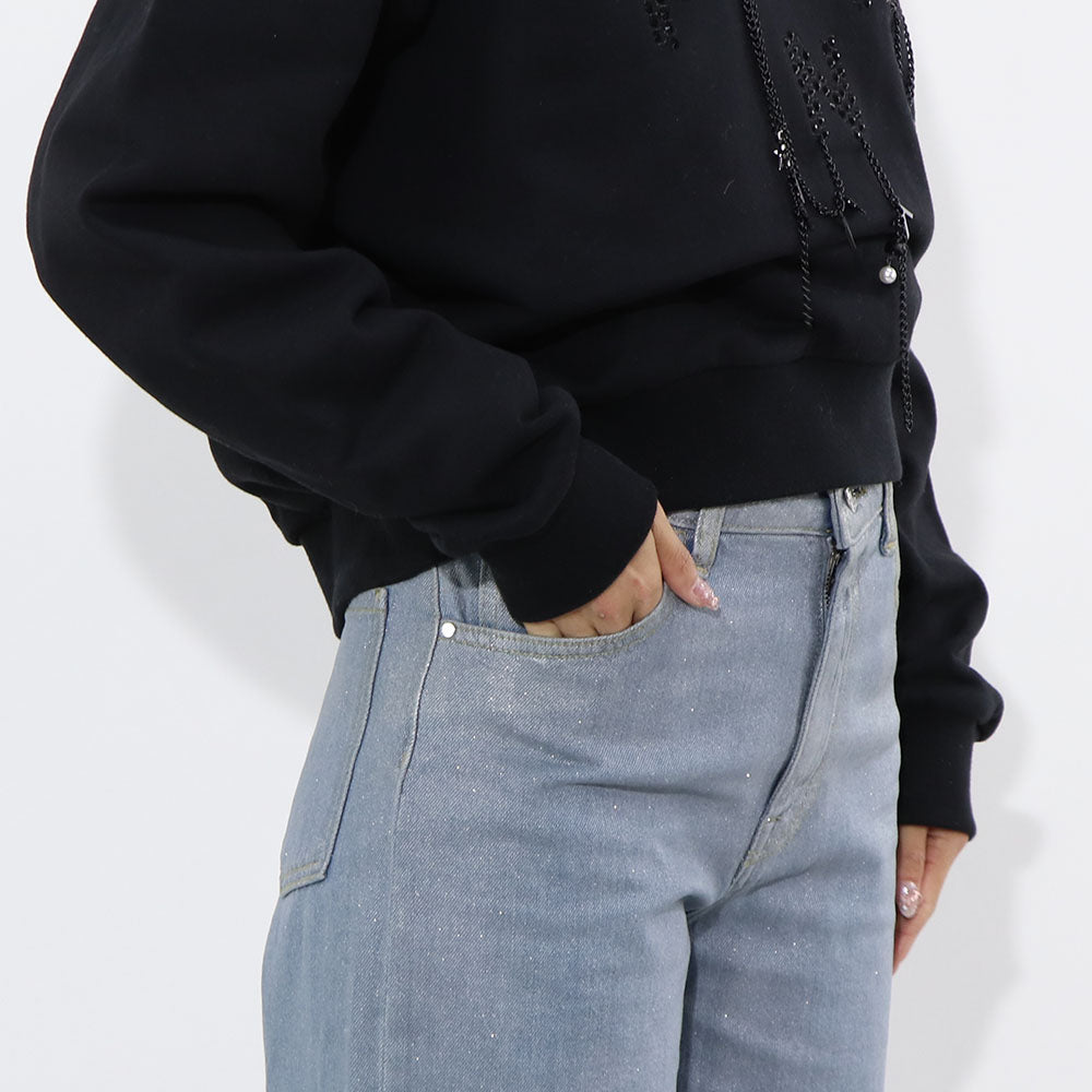 PINKO ロングパンツ ブルー ラメ ストレート 切りっぱなし 1J10DQ-Y5T5