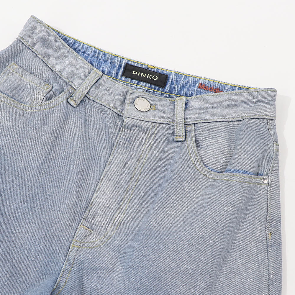 PINKO ロングパンツ ブルー ラメ ストレート 切りっぱなし 1J10DQ-Y5T5