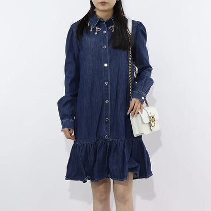 PINKO ブルー シャツワンピース ラインストーン デニム 1J10RS-Y7JD