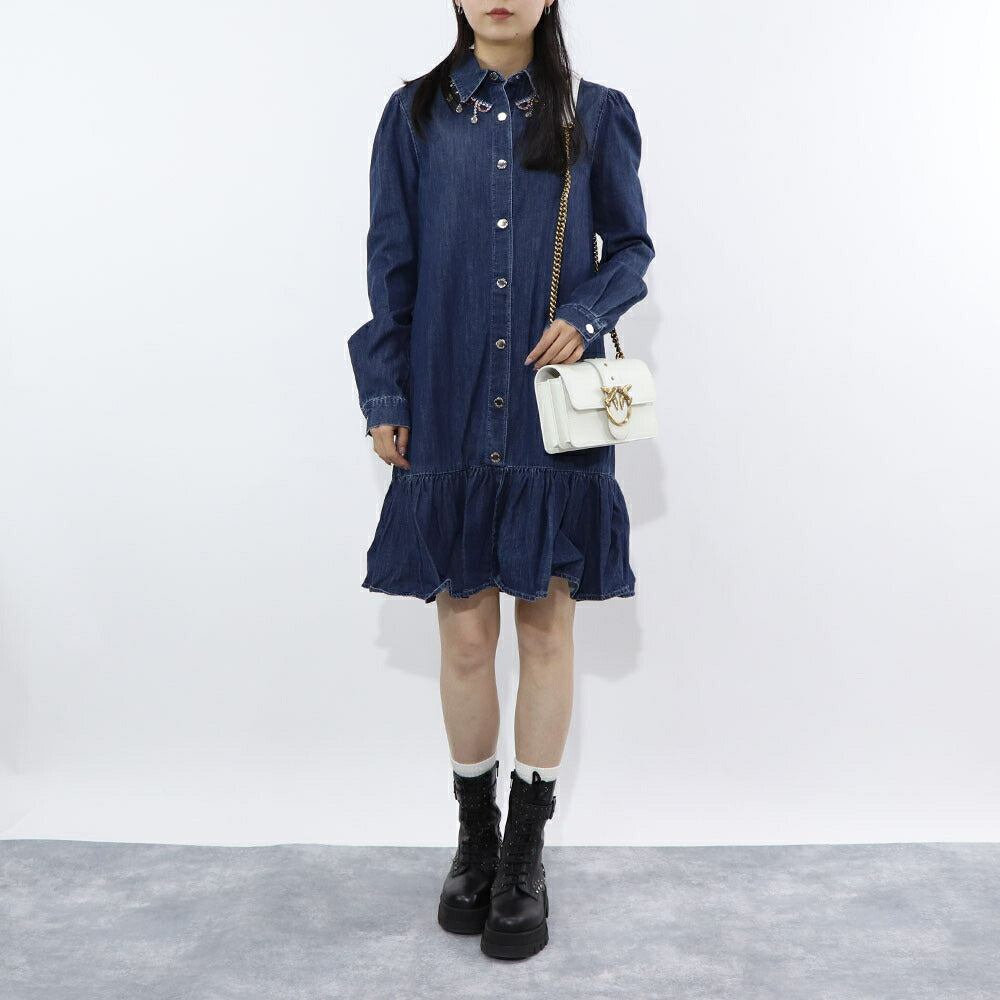 PINKO ブルー シャツワンピース ラインストーン デニム 1J10RS-Y7JD