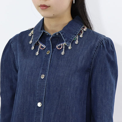 PINKO ブルー シャツワンピース ラインストーン デニム 1J10RS-Y7JD