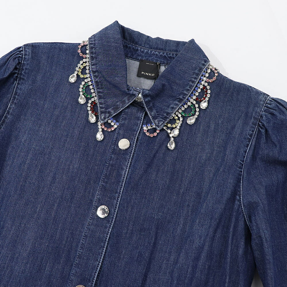 PINKO ブルー シャツワンピース ラインストーン デニム 1J10RS-Y7JD