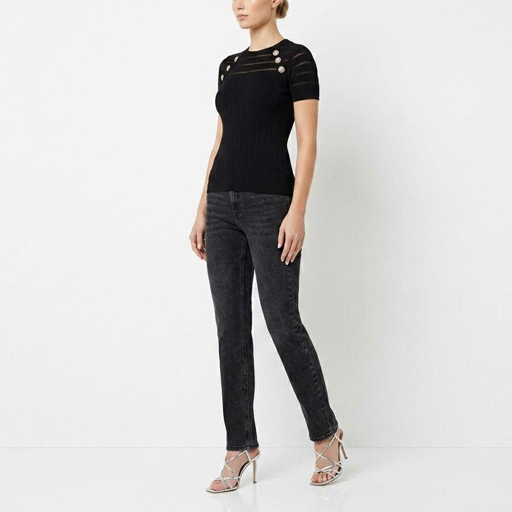 PINKO ピンコ レディース トップス Tシャツ・カットソー ブラック リブニット ゴールドボタン 半袖 100412-A0LB