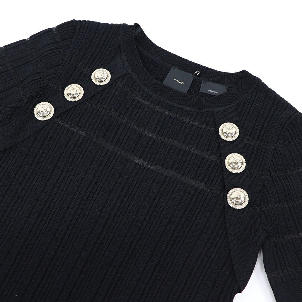 PINKO ピンコ レディース トップス Tシャツ・カットソー ブラック リブニット ゴールドボタン 半袖 100412-A0LB