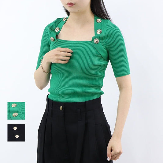 PINKO カットソー グリーン ブラック リブニット 七分袖 半袖 100419-A0LD