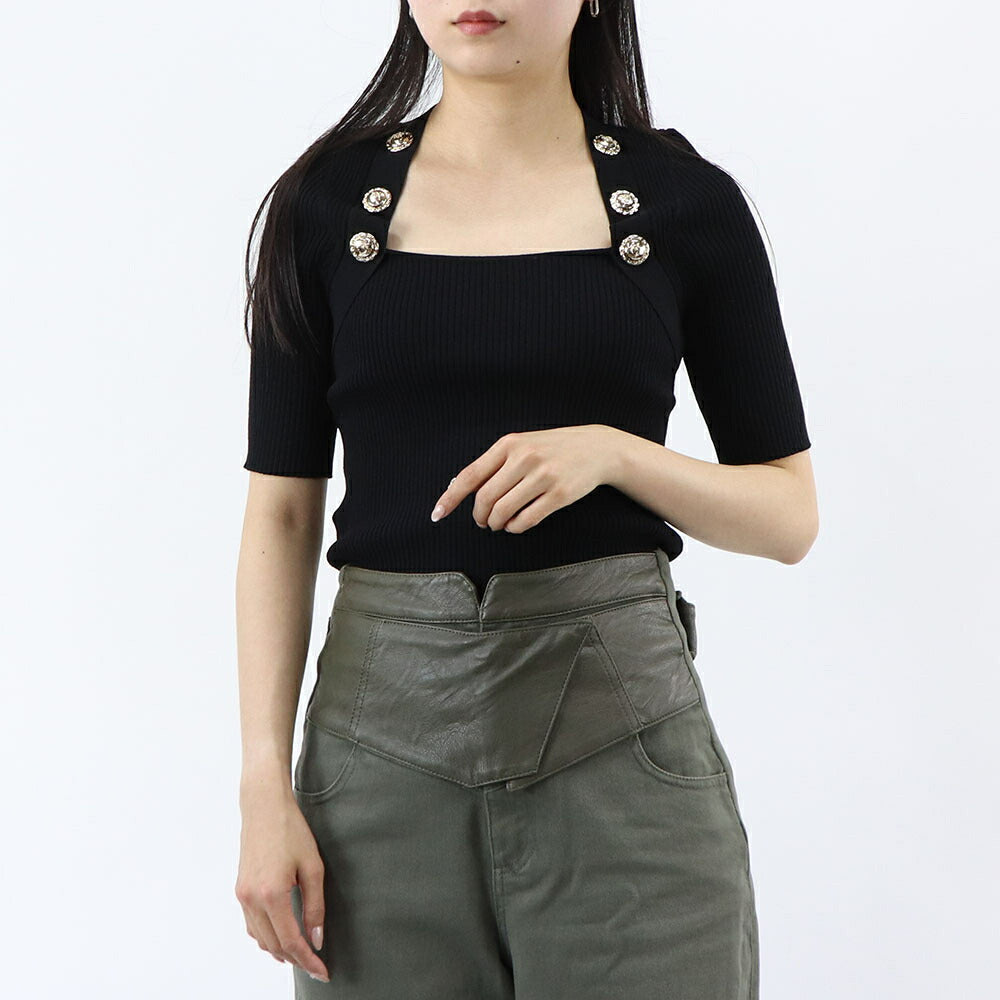 PINKO カットソー グリーン ブラック リブニット 七分袖 半袖 100419-A0LD