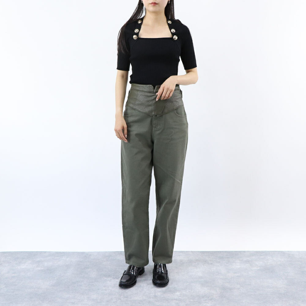 PINKO カットソー グリーン ブラック リブニット 七分袖 半袖 100419-A0LD