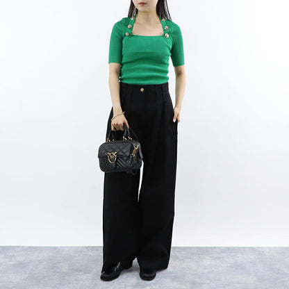 PINKO カットソー グリーン ブラック リブニット 七分袖 半袖 100419-A0LD