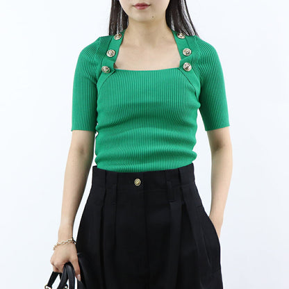 PINKO カットソー グリーン ブラック リブニット 七分袖 半袖 100419-A0LD