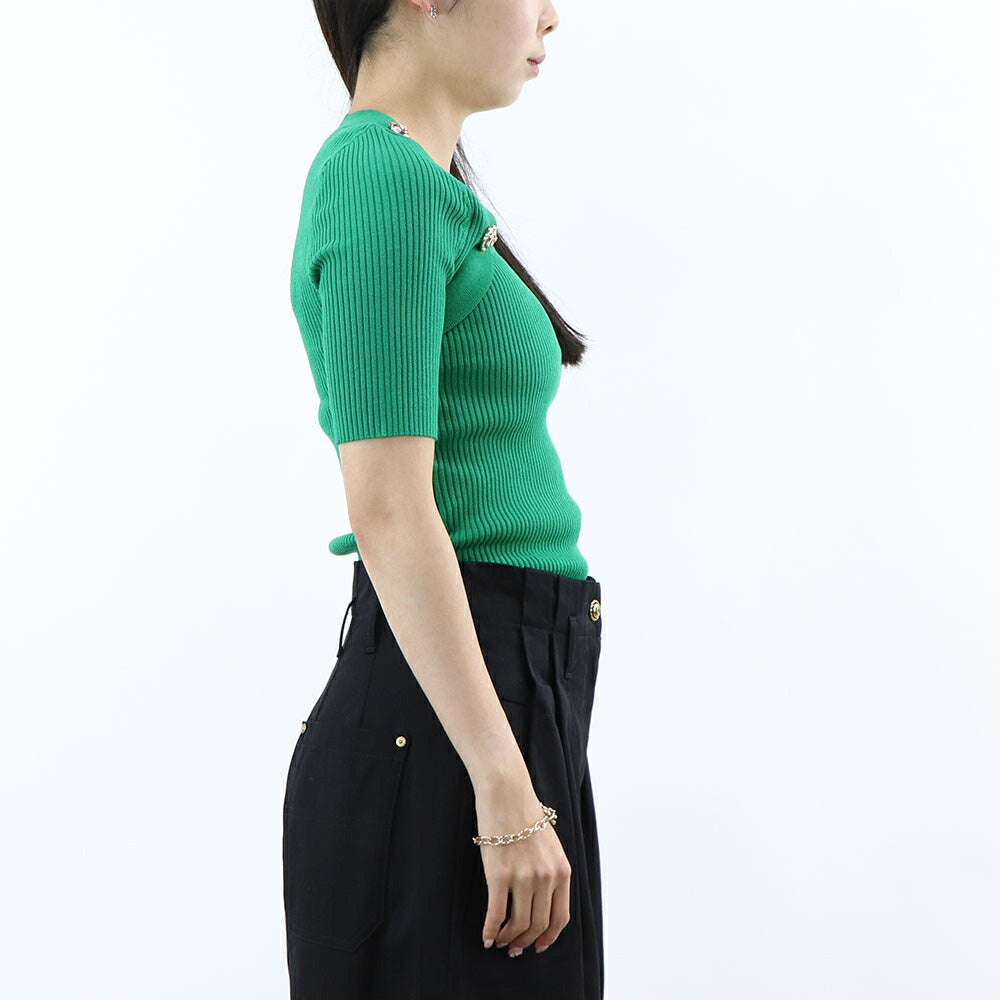 PINKO カットソー グリーン ブラック リブニット 七分袖 半袖 100419-A0LD