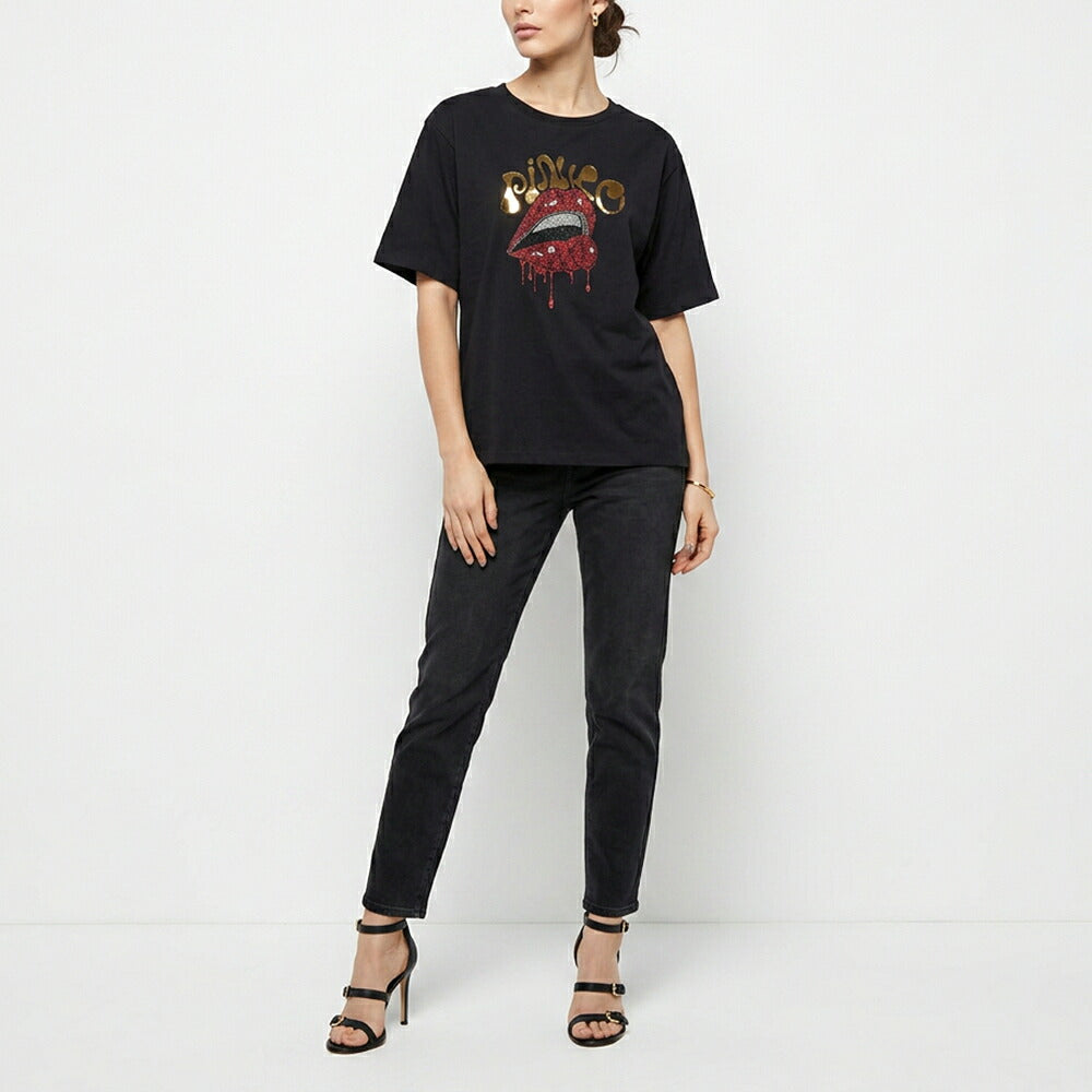 PINKO ピンコ レディース トップス Tシャツ・カットソー ブラック フロントプリント ロゴ ラインストーン 半袖 1G1729-Y7VA