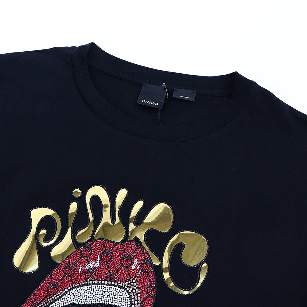 PINKO ピンコ レディース トップス Tシャツ・カットソー ブラック フロントプリント ロゴ ラインストーン 半袖 1G1729-Y7VA