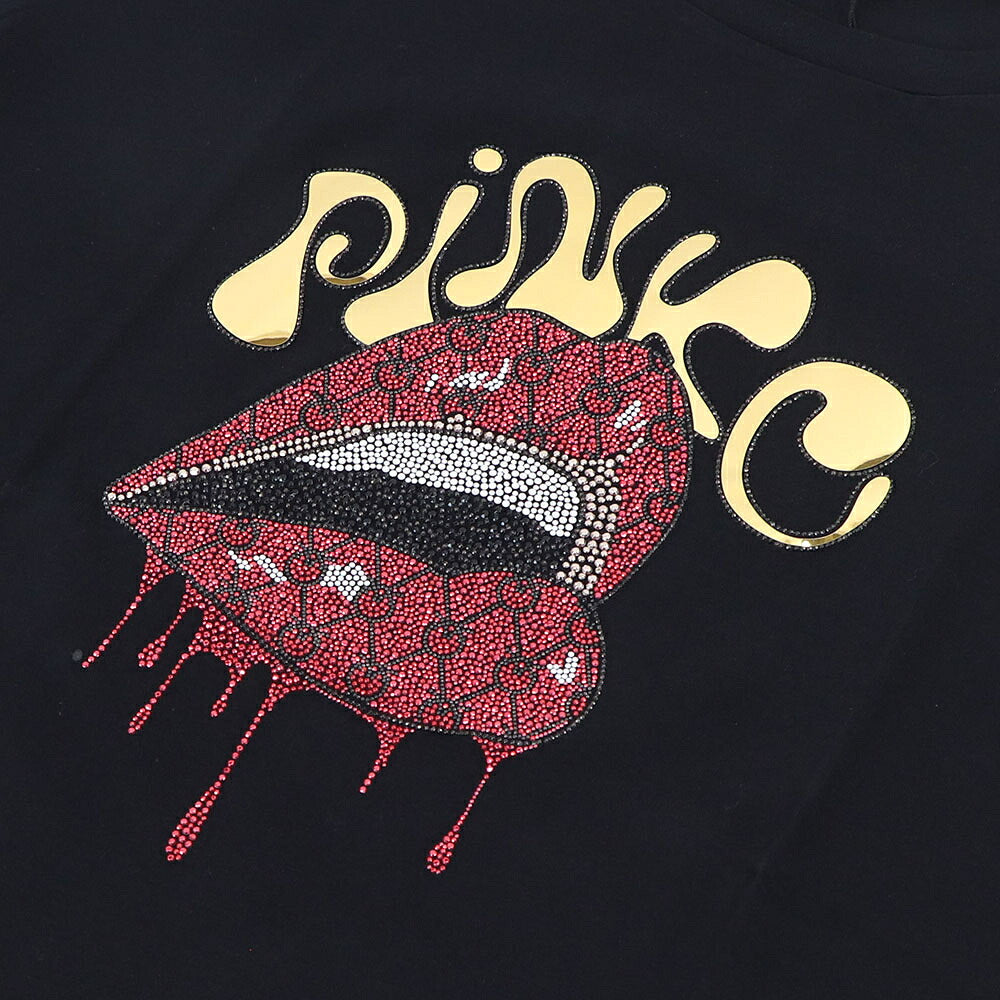 PINKO ピンコ レディース トップス Tシャツ・カットソー ブラック フロントプリント ロゴ ラインストーン 半袖 1G1729-Y7VA