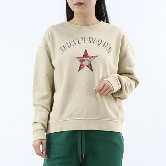 PINKO トレーナー ベージュ ロゴ ラインストーン オーバーサイズ 100352-A0L6