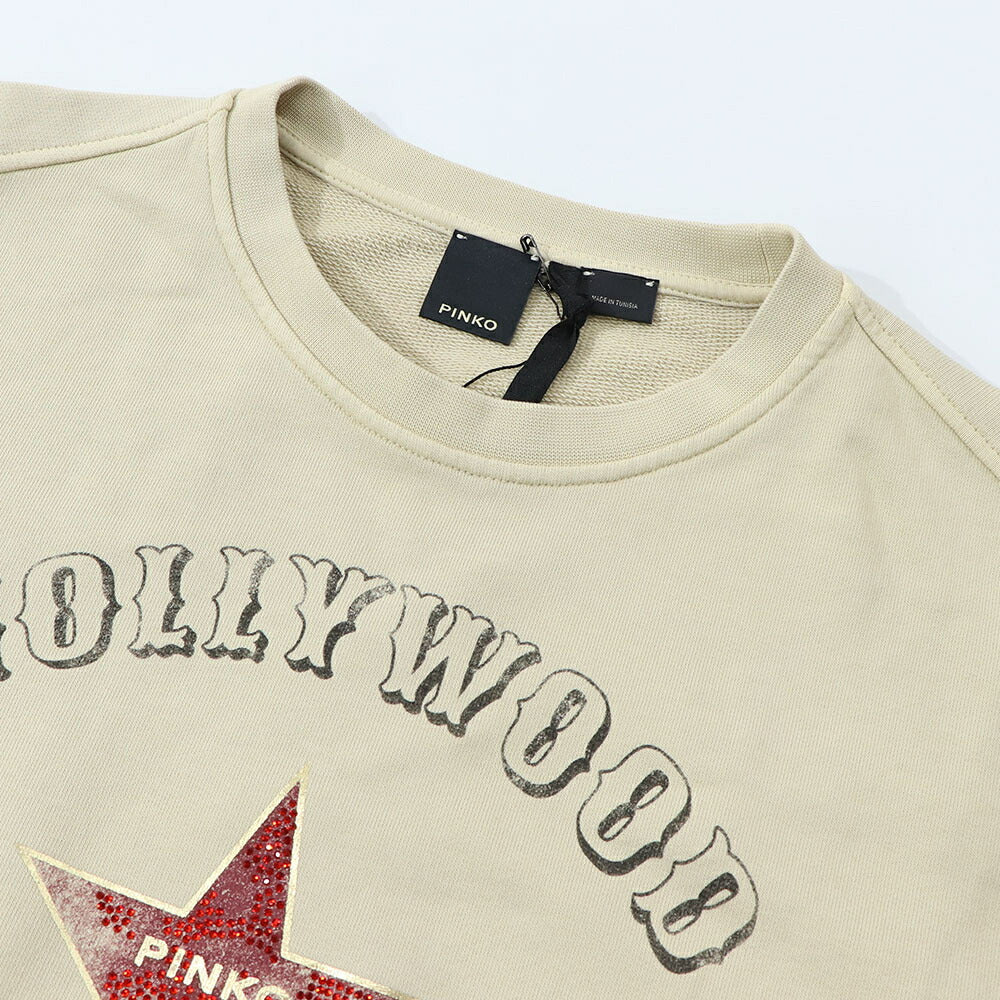 PINKO トレーナー ベージュ ロゴ ラインストーン オーバーサイズ 100352-A0L6