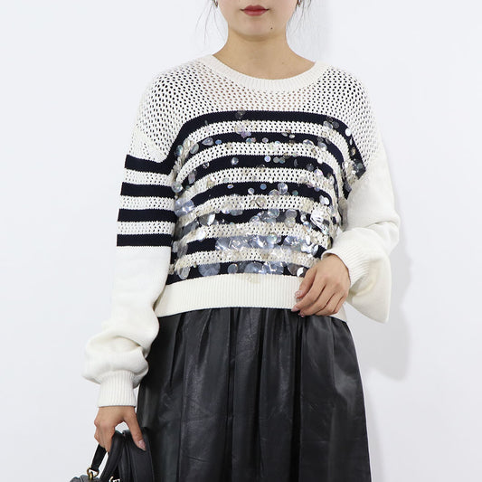 PINKO ニット ホワイト×ブラック ボーダー メッシュ 1G1744-Y83L