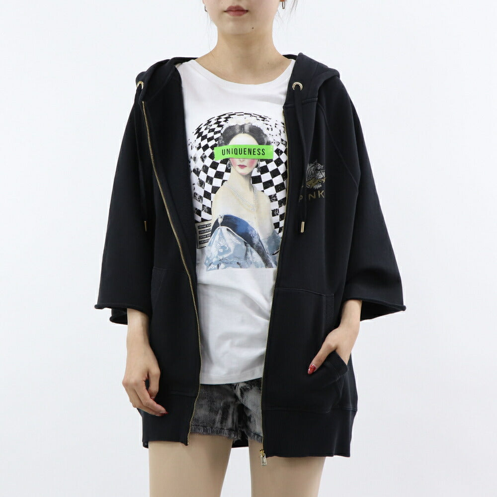 PINKO パーカー ブラック ロゴ トラ 七分袖 ジップアップ 1G17M9-Y85X