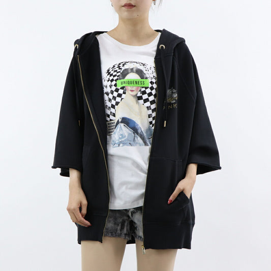 PINKO パーカー ブラック ロゴ トラ 七分袖 ジップアップ 1G17M9-Y85X