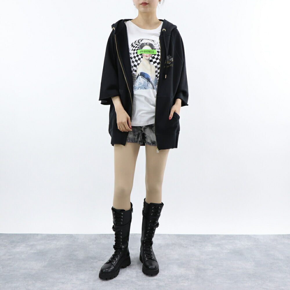 PINKO パーカー ブラック ロゴ トラ 七分袖 ジップアップ 1G17M9-Y85X