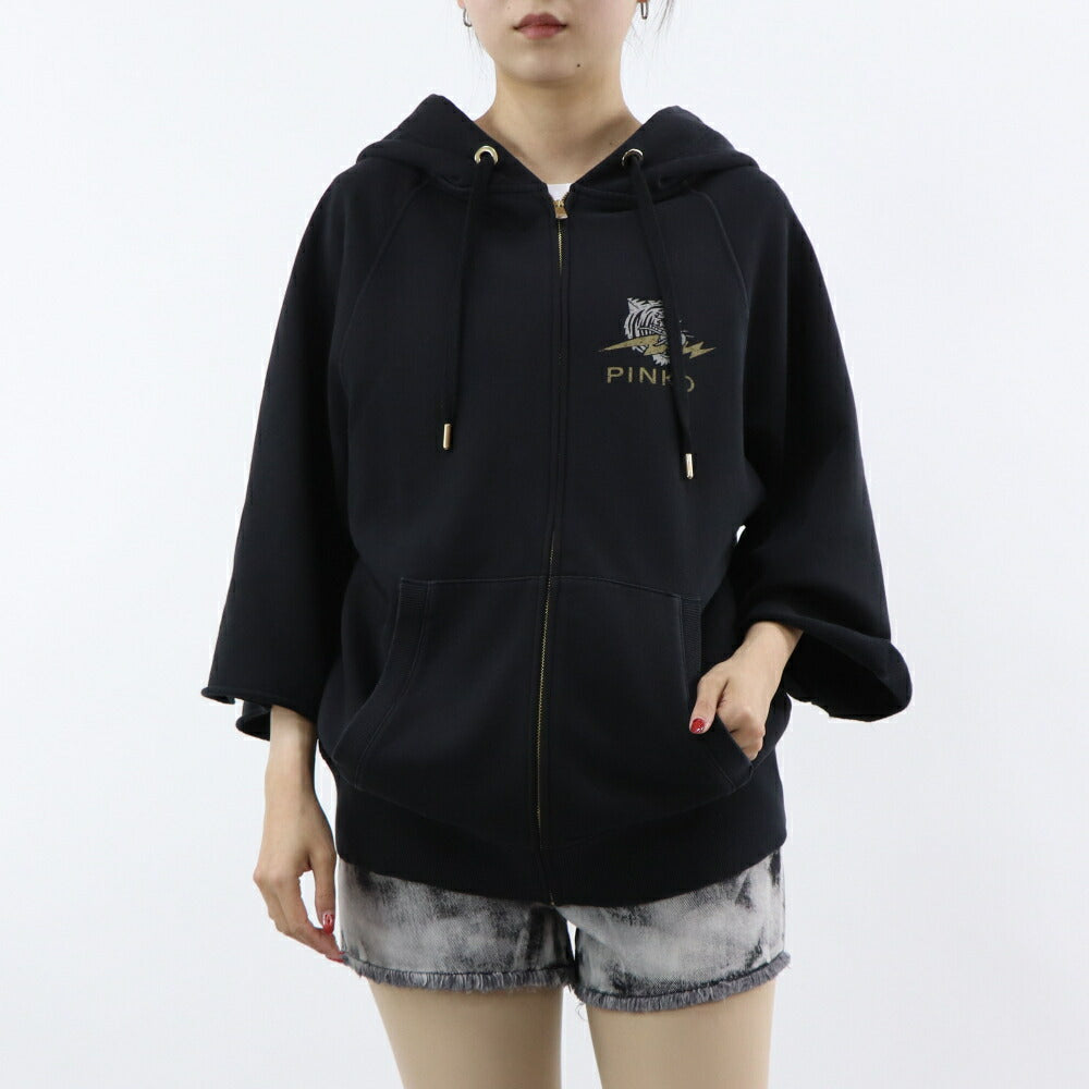 PINKO パーカー ブラック ロゴ トラ 七分袖 ジップアップ 1G17M9-Y85X
