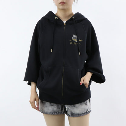 PINKO パーカー ブラック ロゴ トラ 七分袖 ジップアップ 1G17M9-Y85X