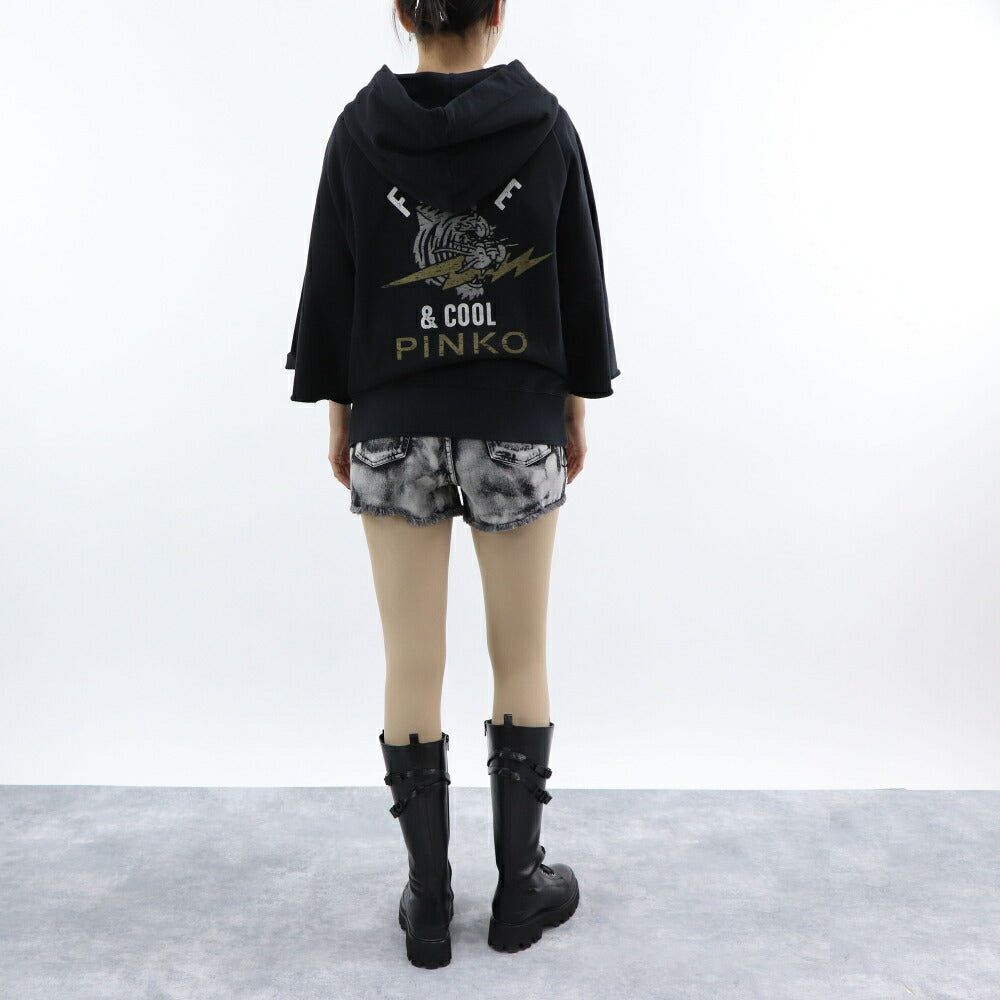 PINKO パーカー ブラック ロゴ トラ 七分袖 ジップアップ 1G17M9-Y85X