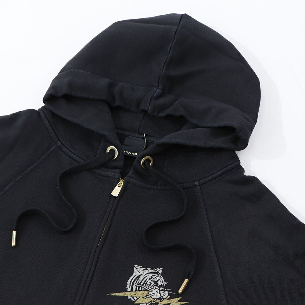 PINKO パーカー ブラック ロゴ トラ 七分袖 ジップアップ 1G17M9-Y85X