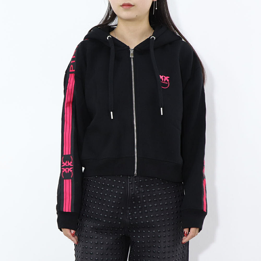 PINKO パーカー ブラック ロゴ プリント 裏起毛 ジップアップ 1G16VV-Y7JP