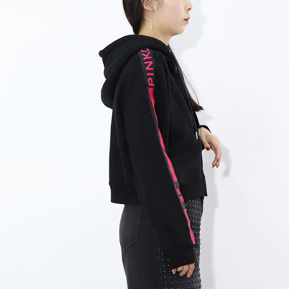 PINKO パーカー ブラック ロゴ プリント 裏起毛 ジップアップ 1G16VV-Y7JP