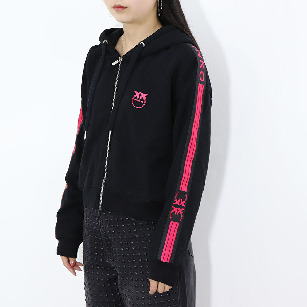 PINKO パーカー ブラック ロゴ プリント 裏起毛 ジップアップ 1G16VV-Y7JP
