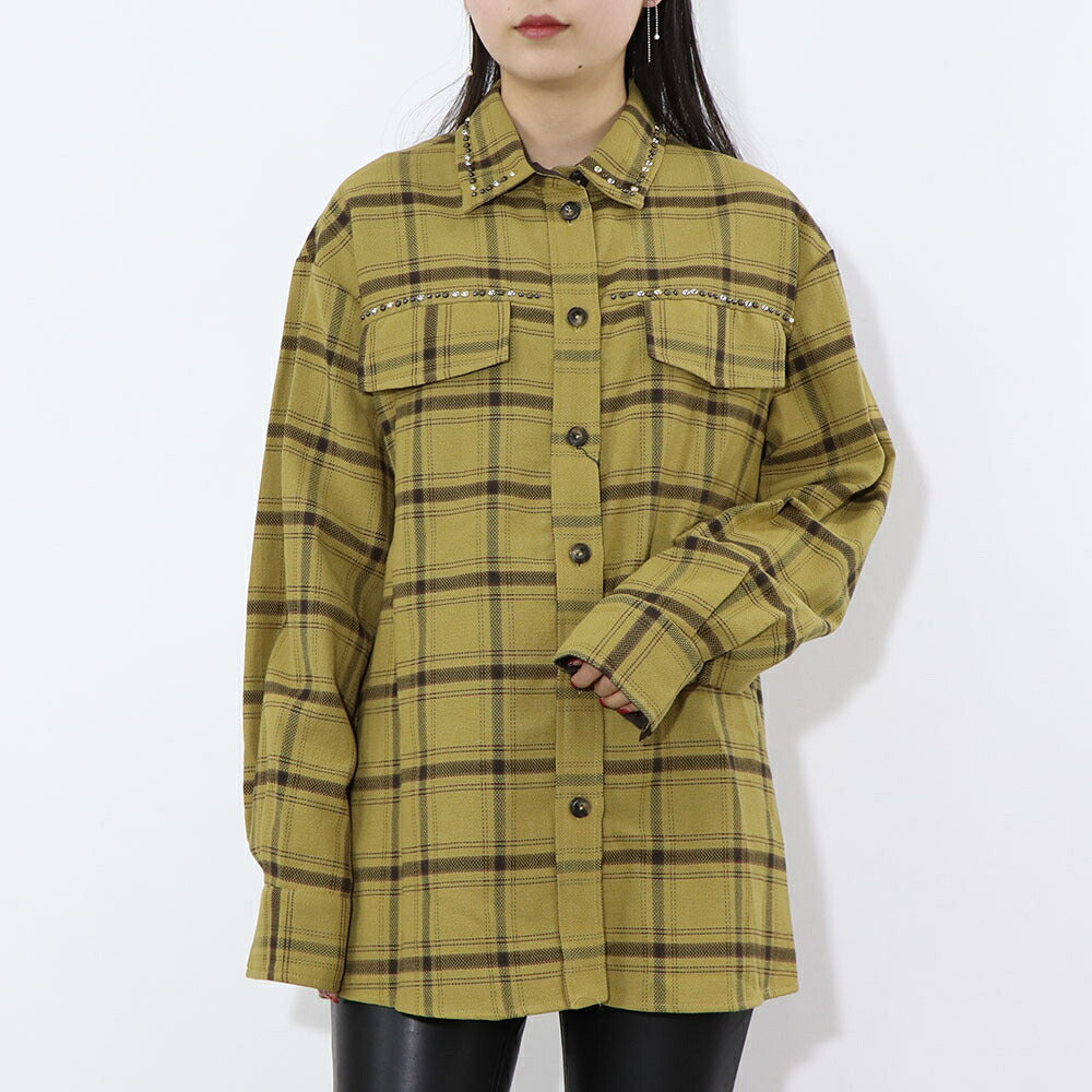 PINKO ブラウス カーキ チェック柄 スタッズ付き 1G16KE-Y794
