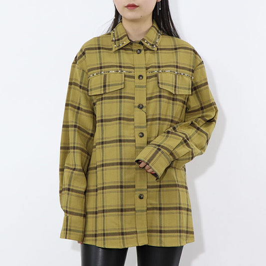 PINKO ブラウス カーキ チェック柄 スタッズ付き 1G16KE-Y794