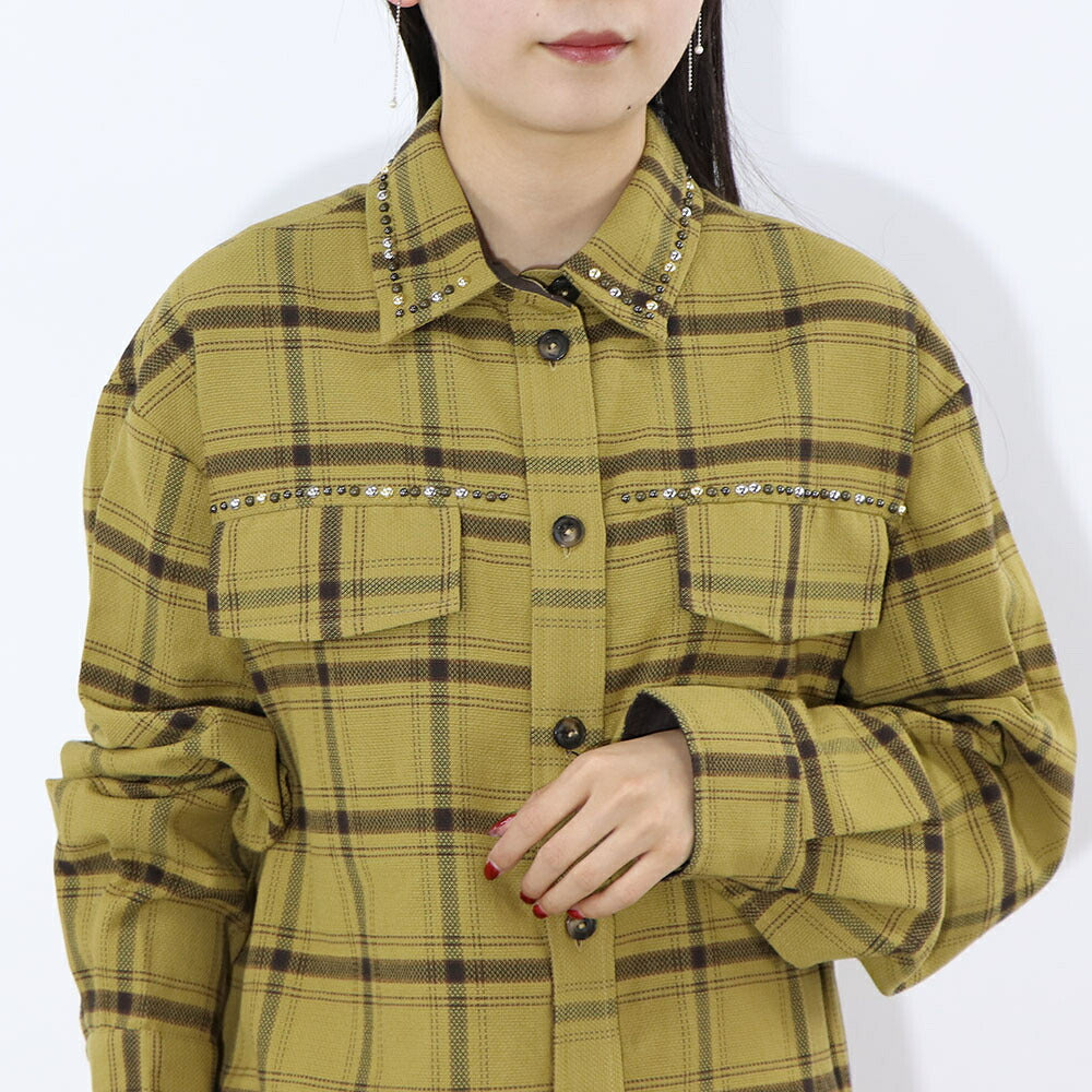 PINKO ブラウス カーキ チェック柄 スタッズ付き 1G16KE-Y794